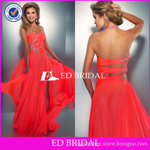 SPE012 neon coral halter backless beaded chiffon prom gown